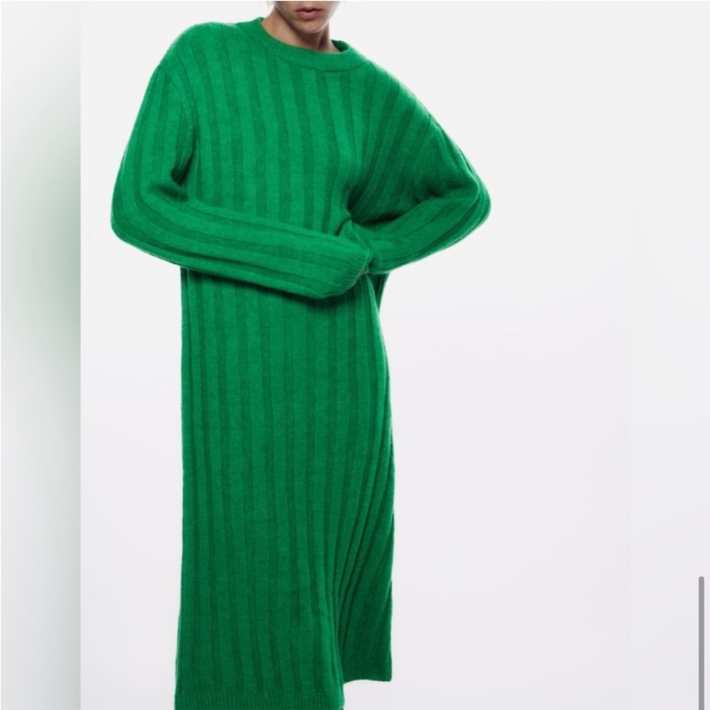 🟢 ZARA Bloggers Fav Long-Sleeved Ribbed Knit Midi Dress Size SM. Sweater Dress - Picture 14 of 16